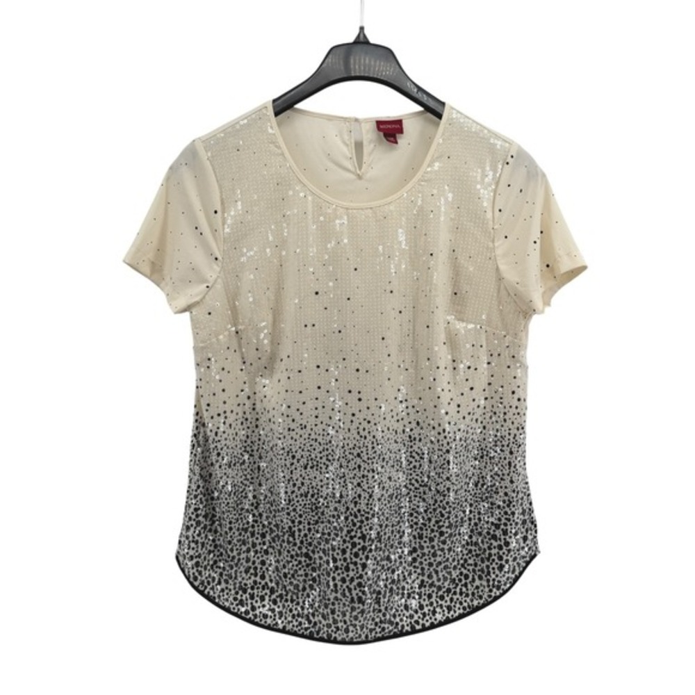 Merona Womens Large Pre-Owned Cream Sequin Embellished Short Sleeve Top Festive